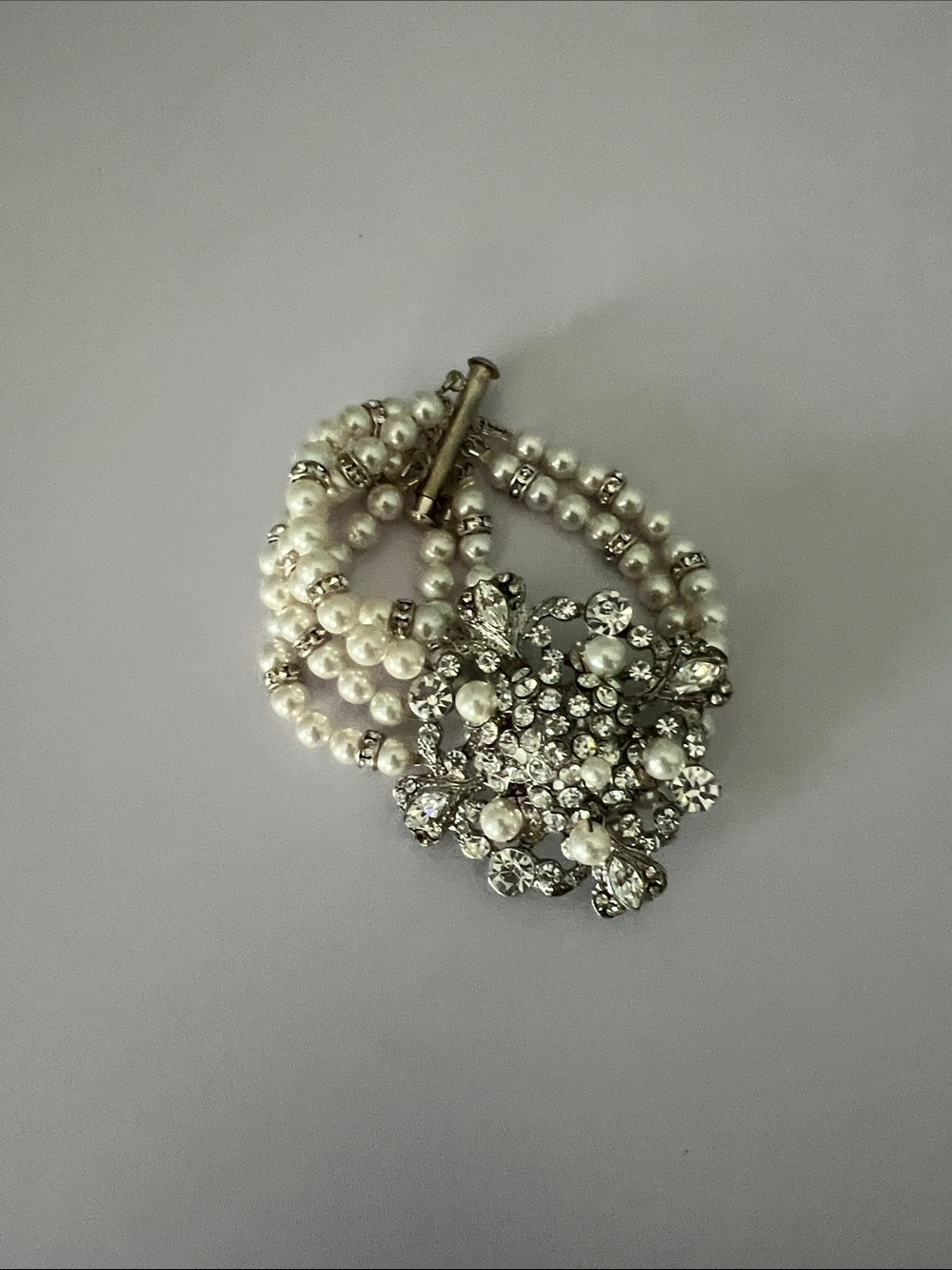 Pearl and Crystal Multi-Strand Bracelet with Floral Brooch Accent